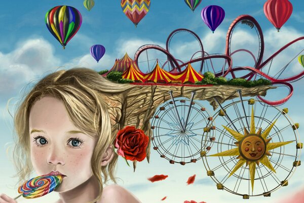 Девочка с конфетной, воздушными шарами и аттракционами