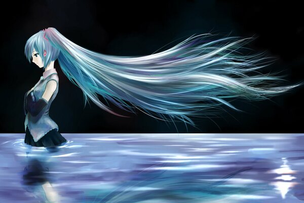 Night bathing of a long-haired girl in the sea