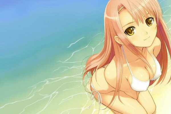 Chica de anime en traje de baño en la playa