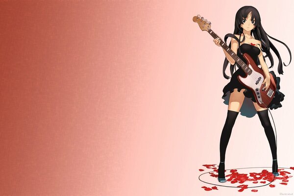 Mädchen im Rock mit Gitarre und Rosenblättern