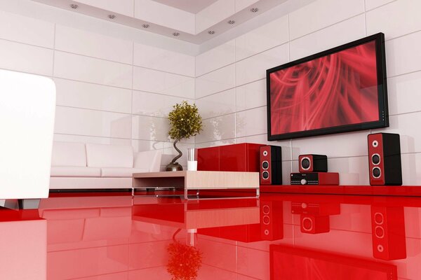 Home Theater in una stanza con pavimento rosso e pareti bianche