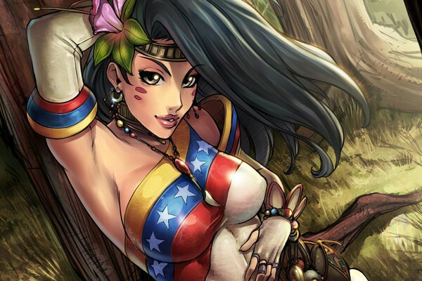 A flag is drawn on the chest of a cartoon girl, while one breast is bare 