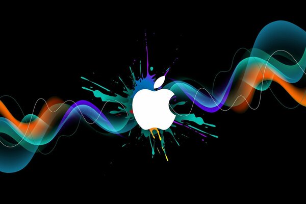 Apple-Logo auf schwarzem Hintergrund mit bunten Spiralen