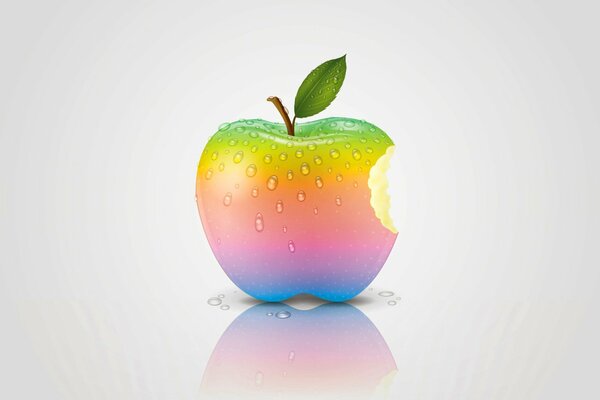 Graphic image of a rainbow-colored apple in the form of an Apple label