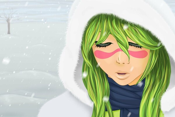 A girl with green hair in a white hood in winter