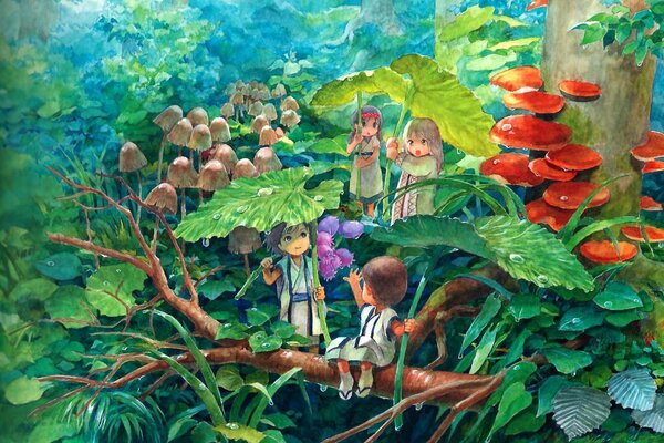 Little men under the leaves in the forest