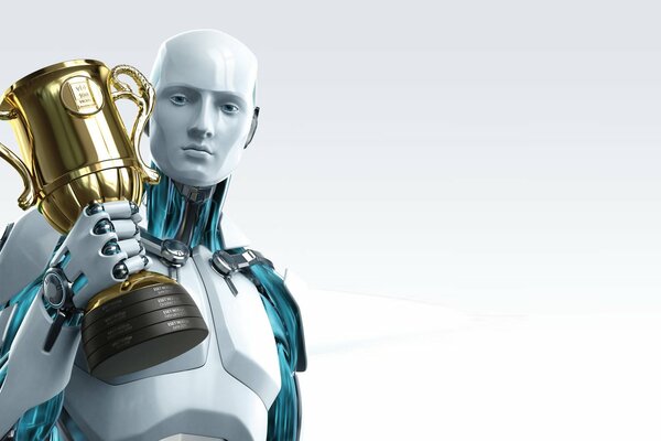 Imagen minimalista de un robot con una Copa sobre un fondo blanco para un anuncio de eset nod32