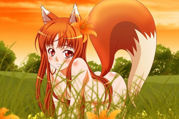 Anime girl in erotic pose with fox tail