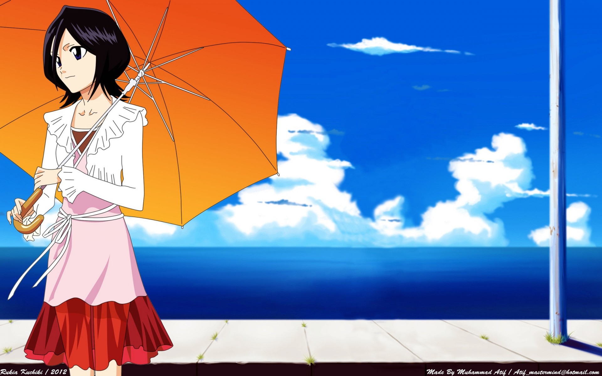 yeux bleus cheveux courts nuages cheveux noirs eau s habiller kuchiki rukia parapluie