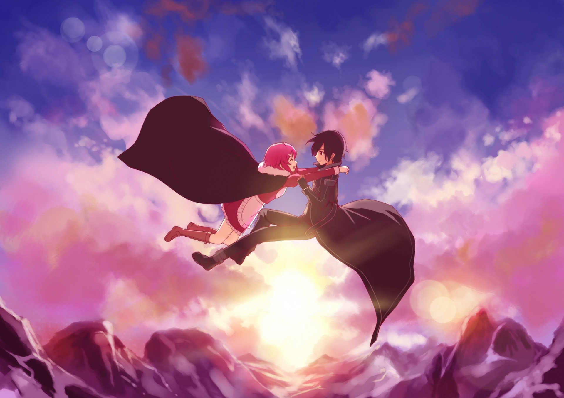 ky boots pink hair cape short hair clouds black hair gloves apron kirigaya kazuto black eye