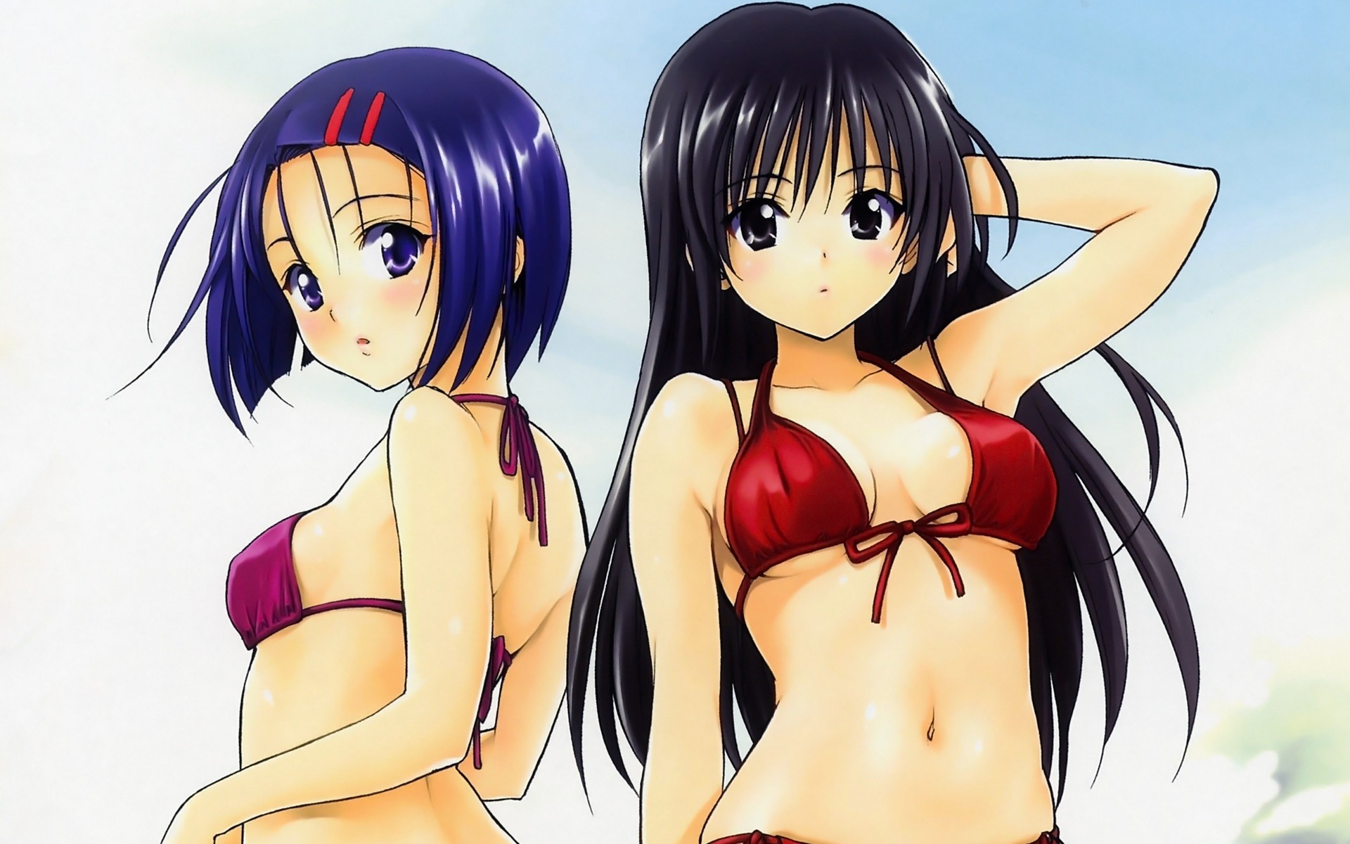 kurzes haar yu kotegawa sairenji haruna schwarzes haar bikini badeanzug langes haar 2girls bauchnabel blaues haar