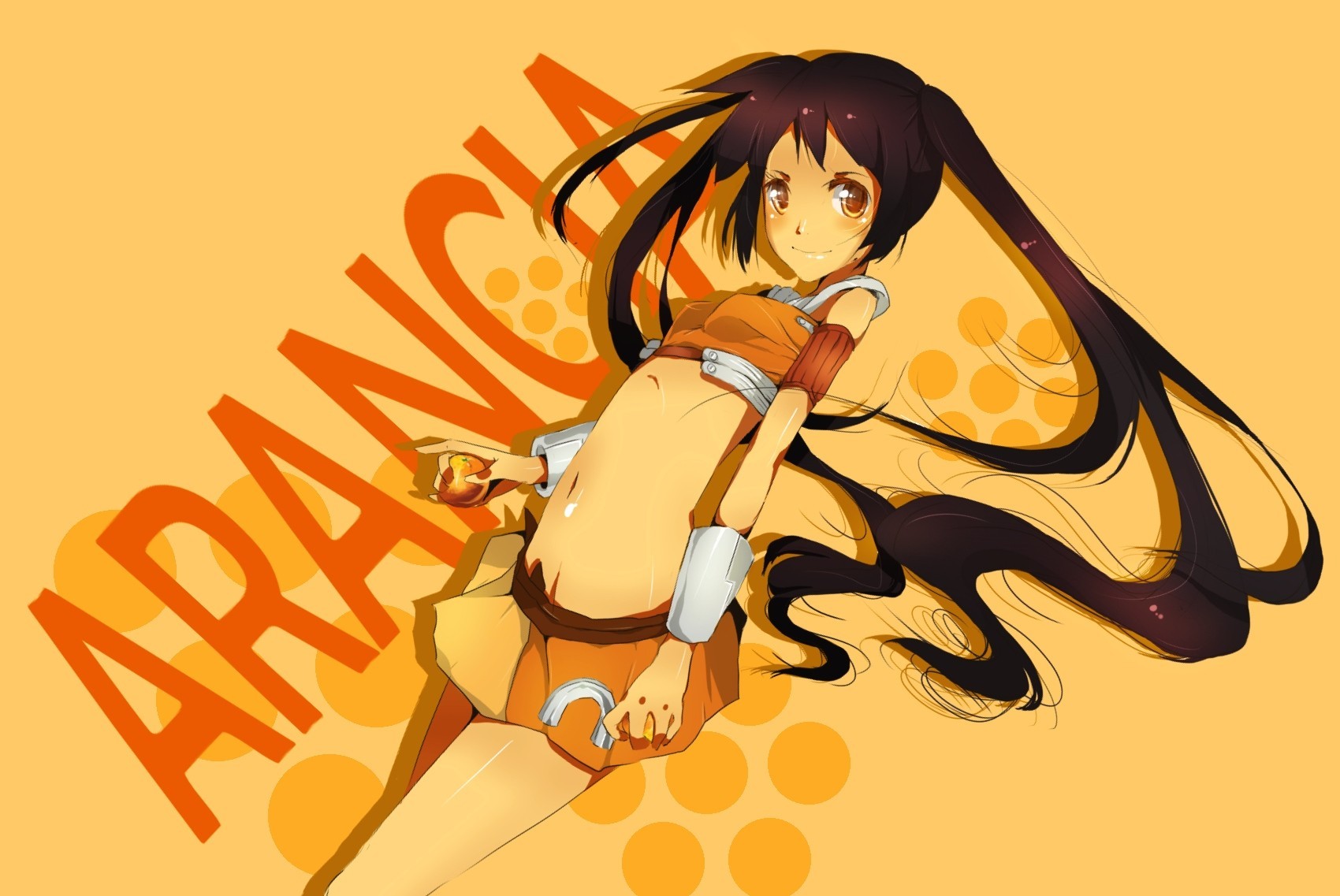 orange orange eyes twintails long hair fruits food brown hair