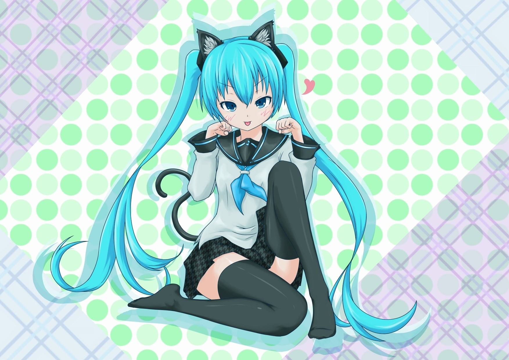 blue eyes twintails thighhighs catgirl hatsune miku tail blue hair