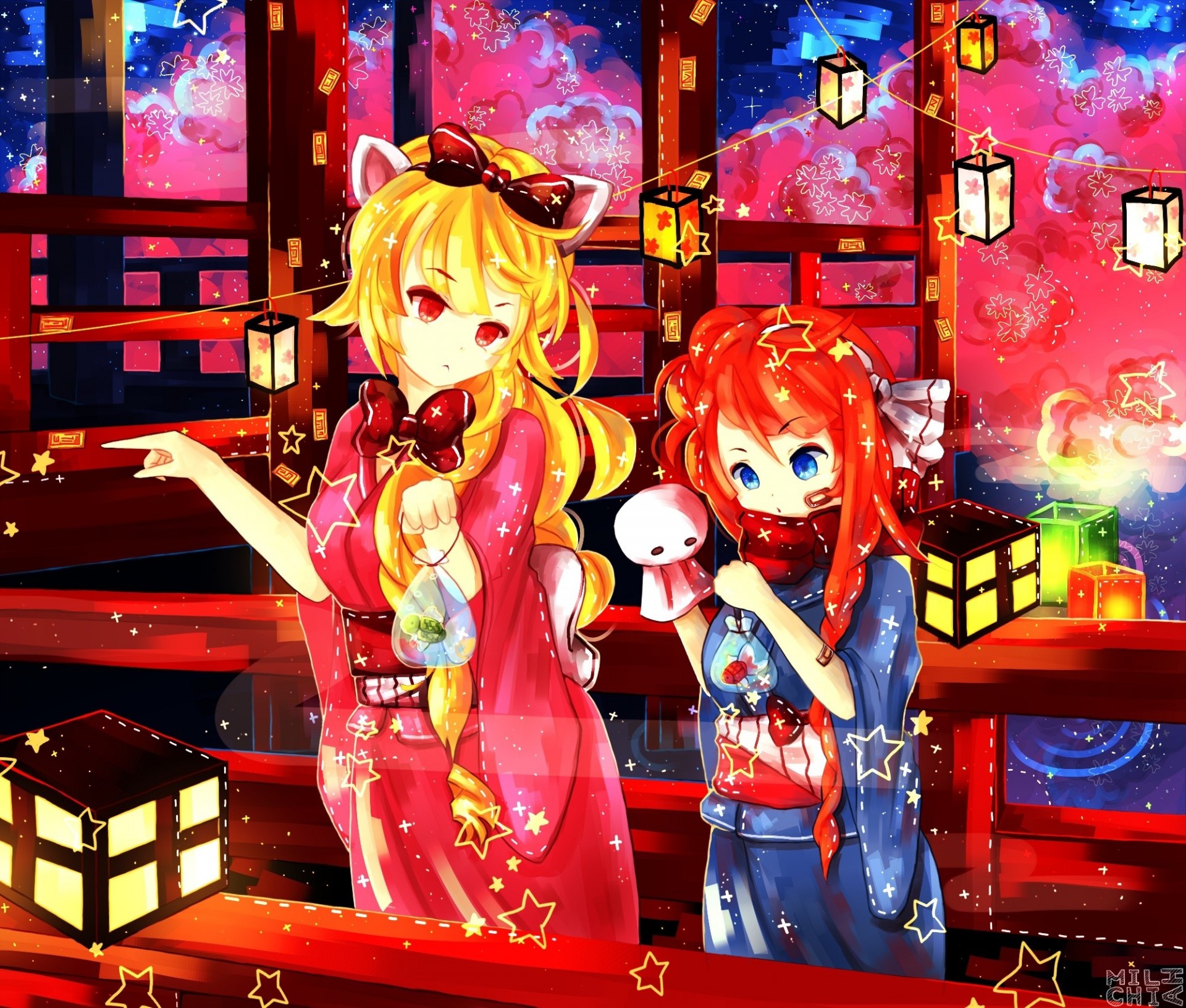 blue eyes blonde hair animals japanese clothes kimono red eyes animal ear