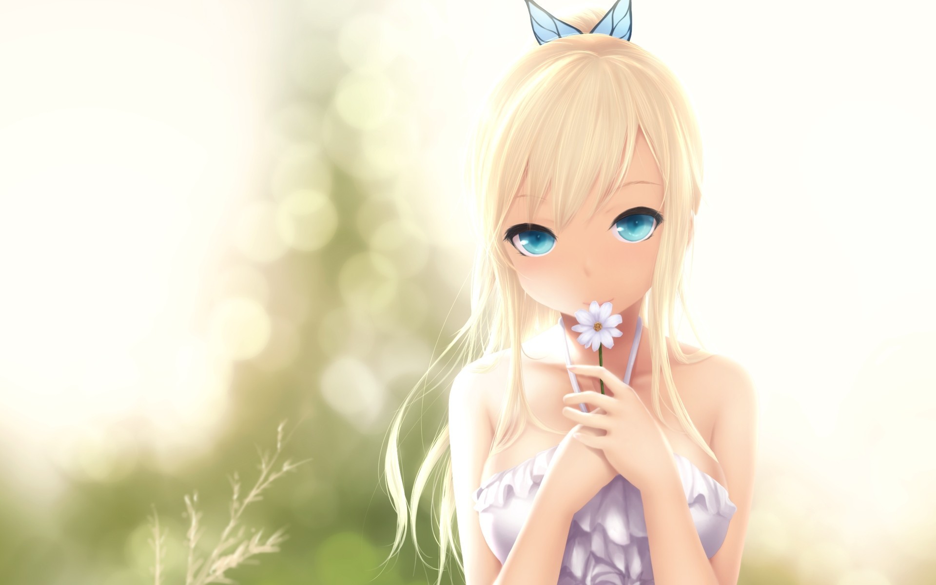 blue eyes flower kashiwazaki hay blonde hair