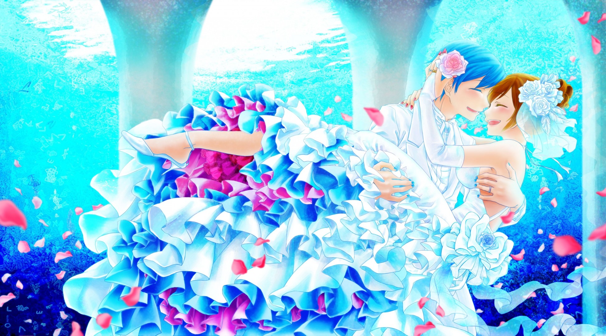 hort hair petals flower kaito meiko water gloves dress wedding wedding dress blue hair brown hair