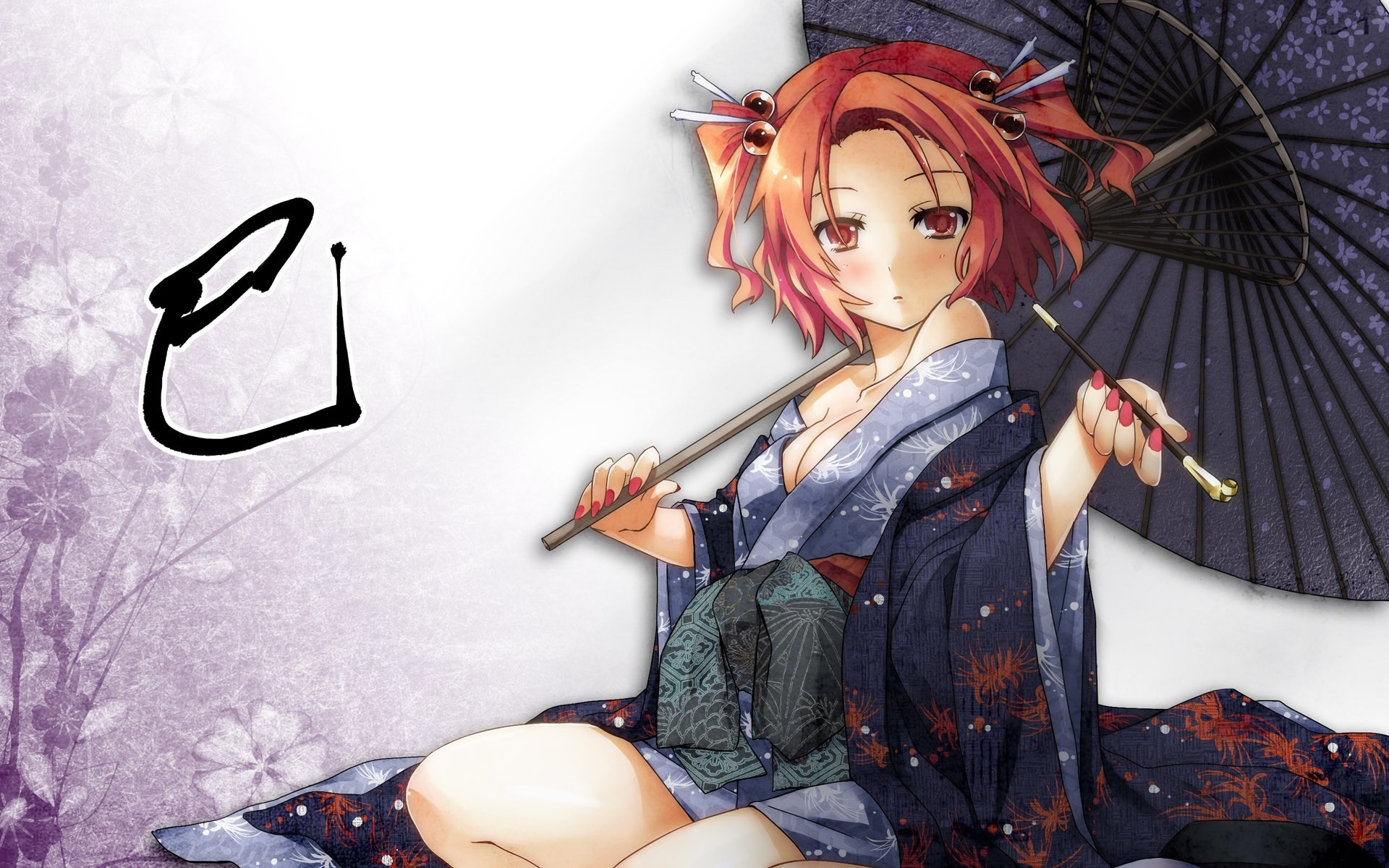 red hair short hair kimono red eyes japanese clothes flower umbrella