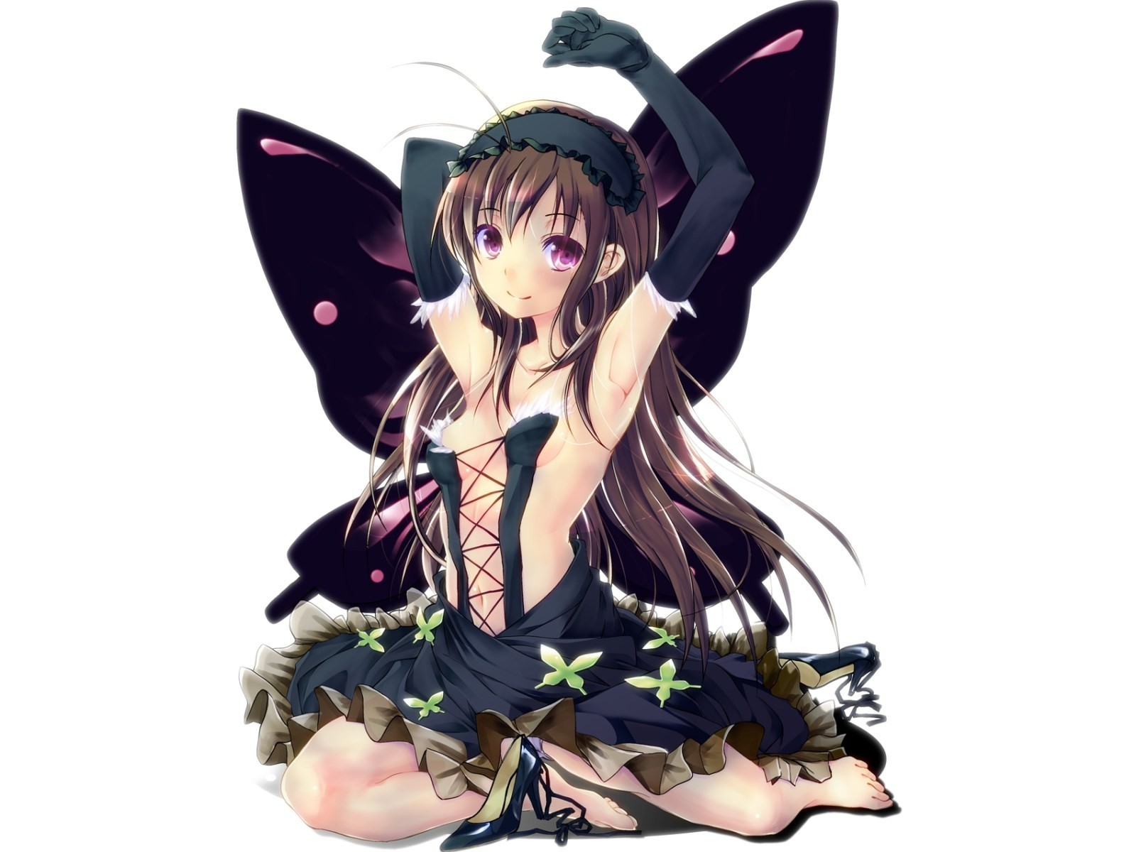 light barefoot long hair purple eyes white dress wings brown hair