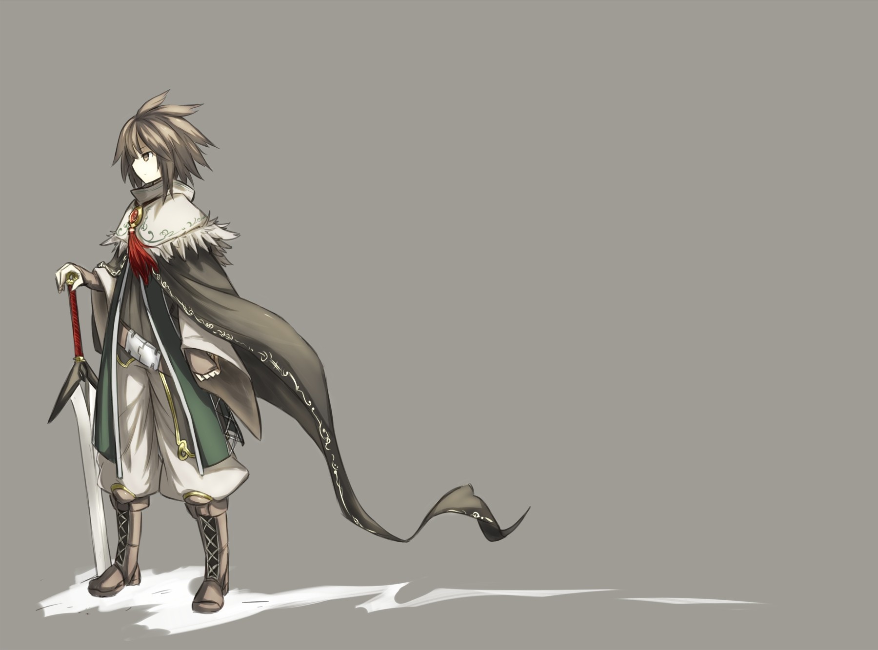 cape boots brown eyes short hair weapon grey sword brown hair