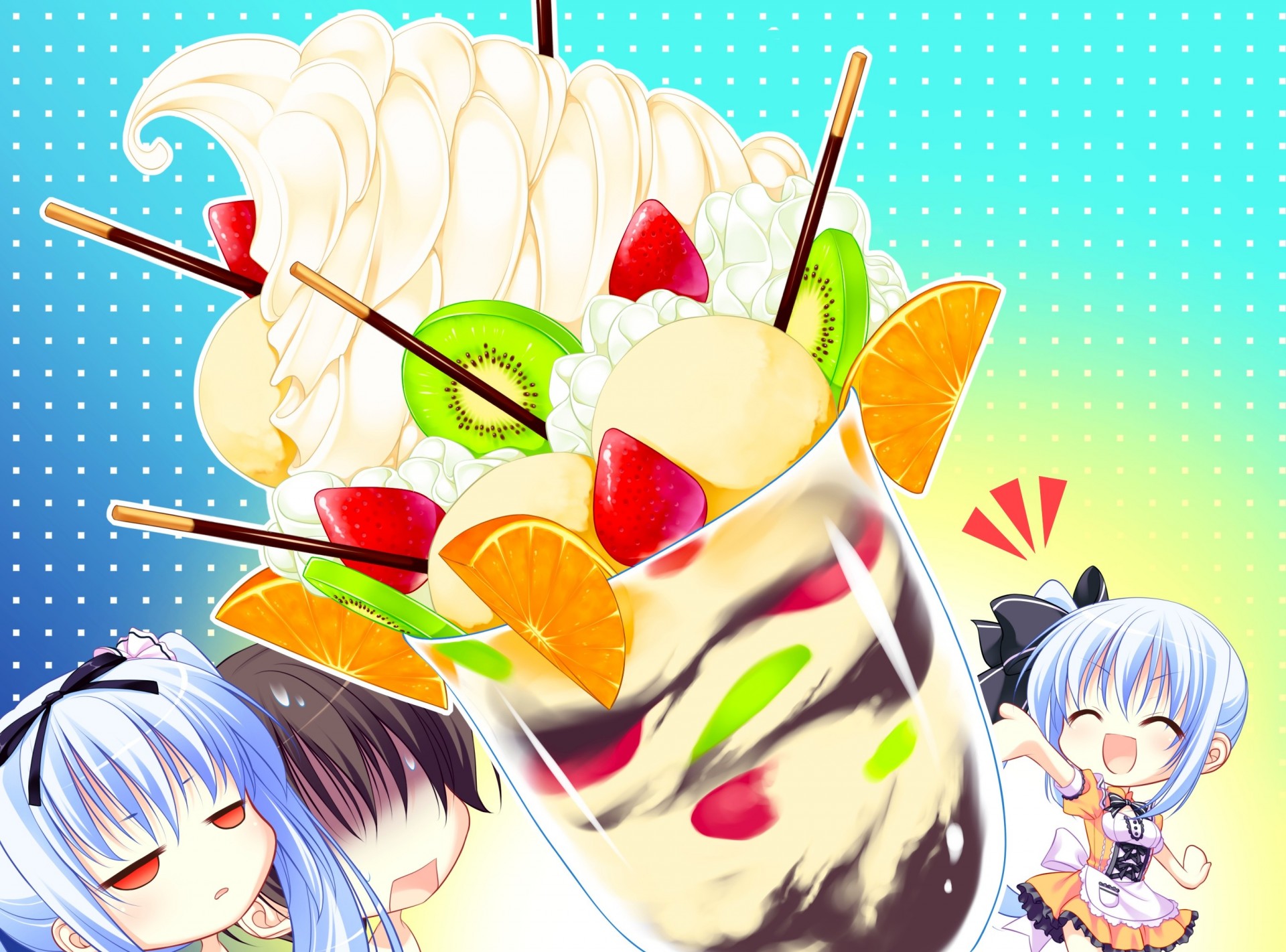 ice cream waitress short hair chibi brown eyes long hair white hair dress food brown hair