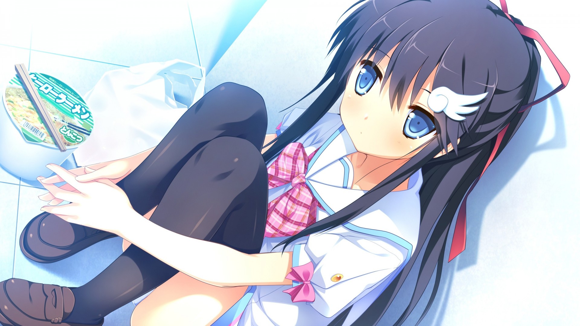 blue eyes seifuku black hair underwear shorts thighhigh