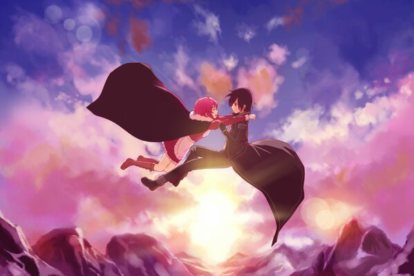 Anime-Zeichnung. Fliegende Mädchen und Freund