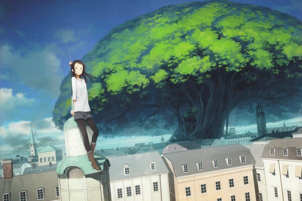 Anime girl walking on the roofs