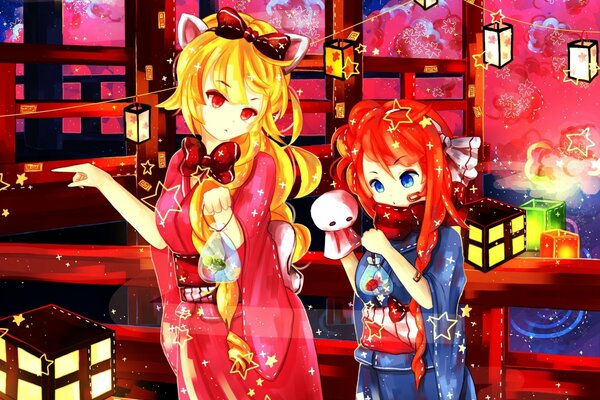 Two girls with animal ears in a kimono