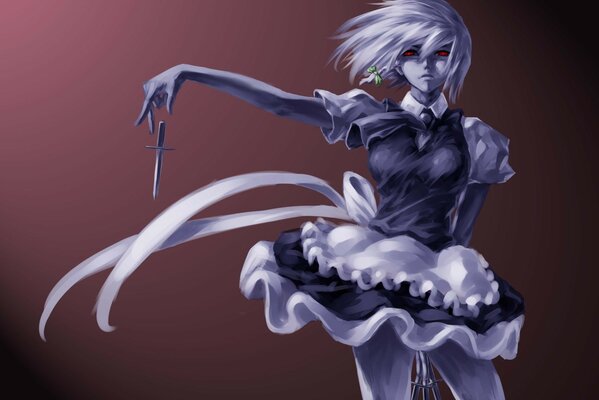 Anime maid with red eyes and weapons