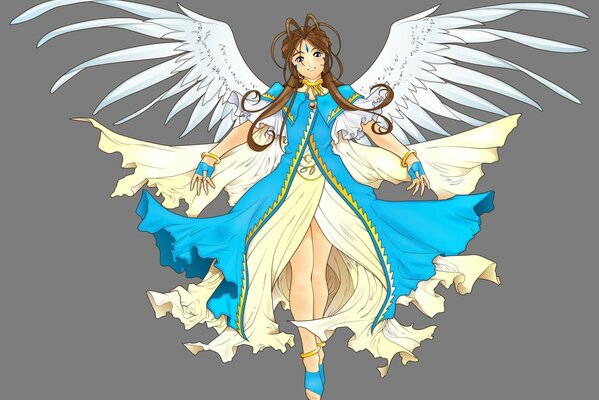 An angel girl in a flying dress with white wings soars above the ground