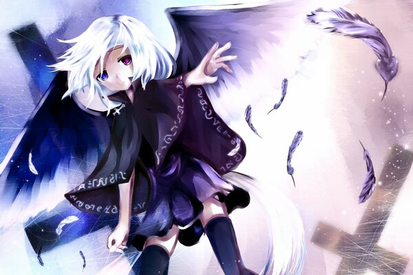 Angel girl with white hair and black wings
