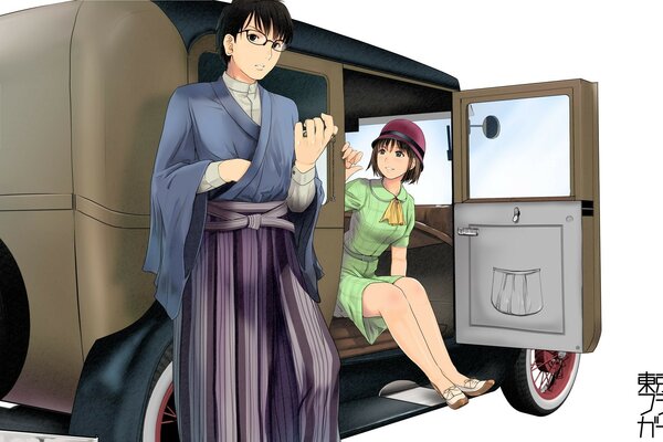 Anime-Zeichnung. Zwei Frauen und ein Auto