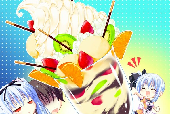 Mädchen im Anime-Stil mit Dessert in den Händen