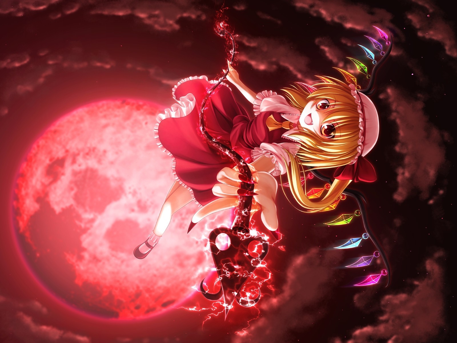 ky orange eyes blonde hair flanders scarlet clouds red eyes weapon fang moon dress wing