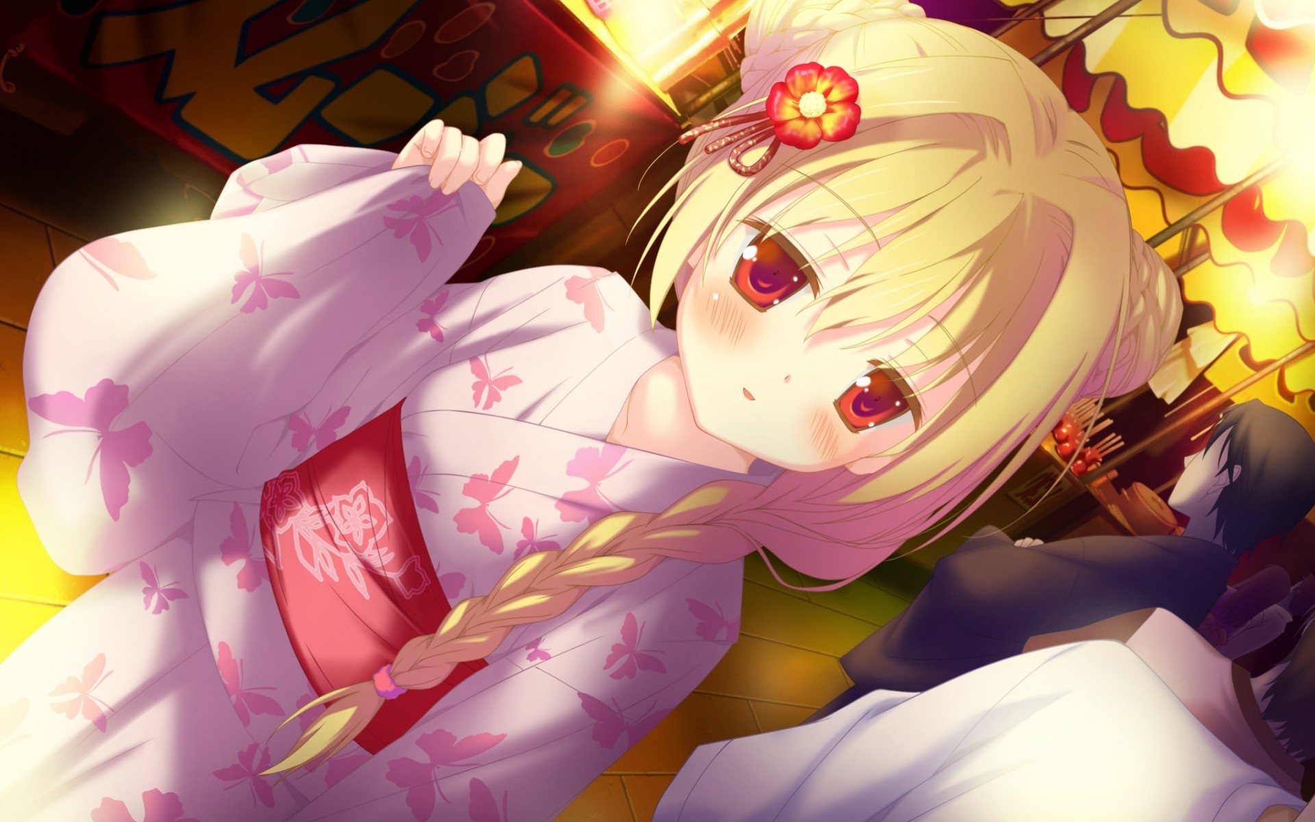 long hair blonde hair blush night red eyes japanese clothes kimono food