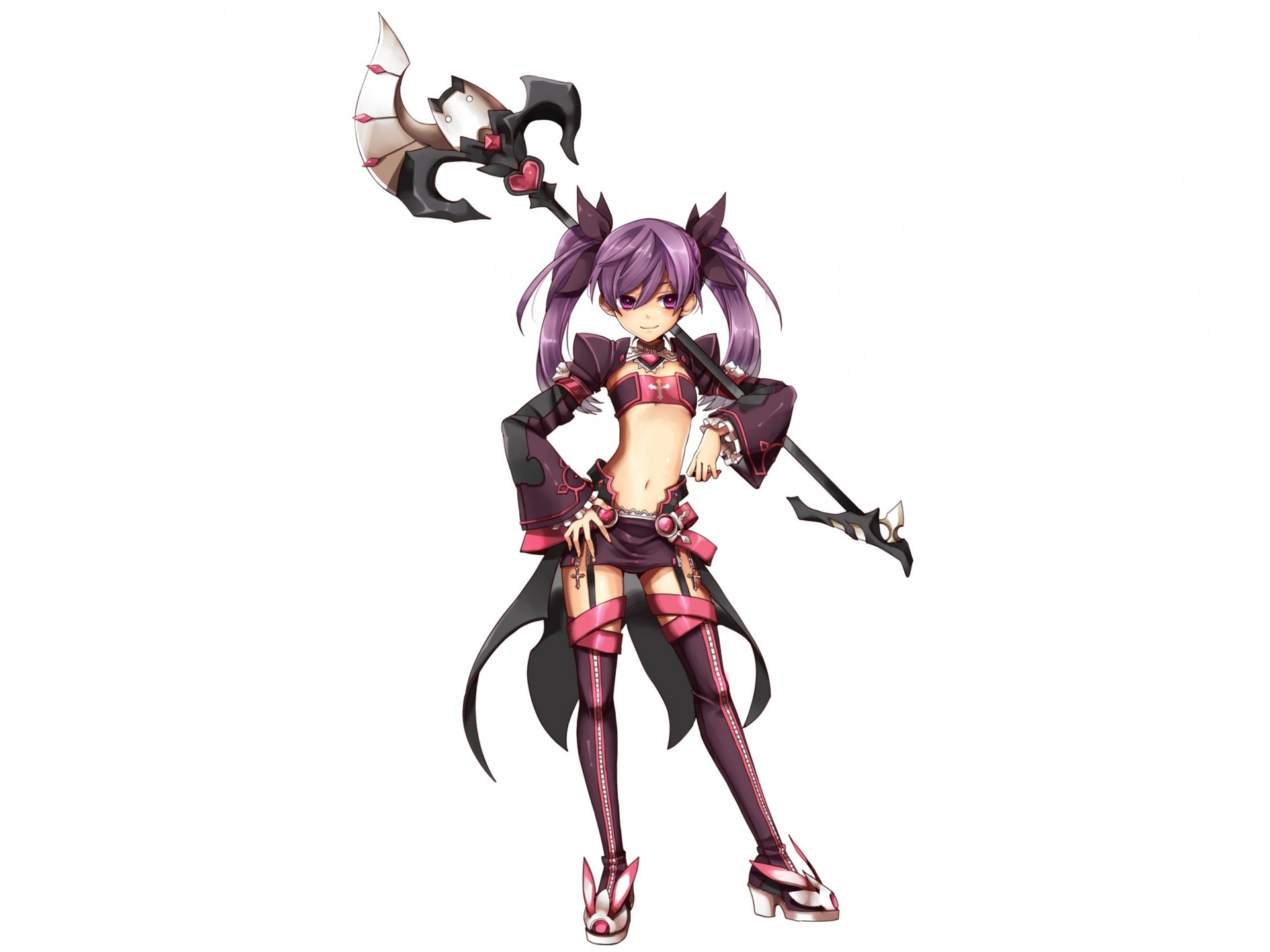 twintails weapon purple eyes white purple hair navel thighhigh