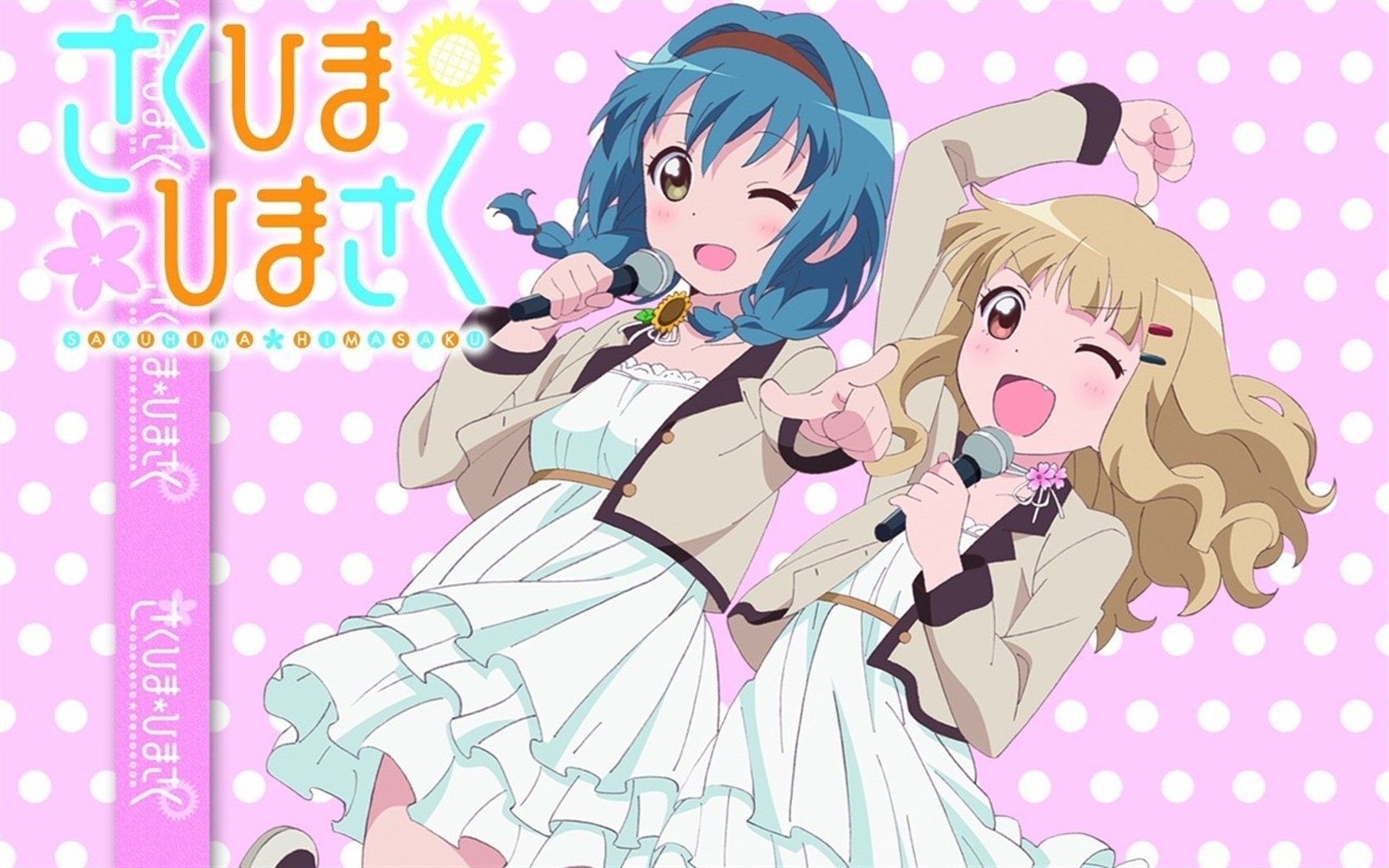 brown eyes wink omuro sakurako dress blonde hair blush 2girls green eyes fang microphone himawari furutani blue hair