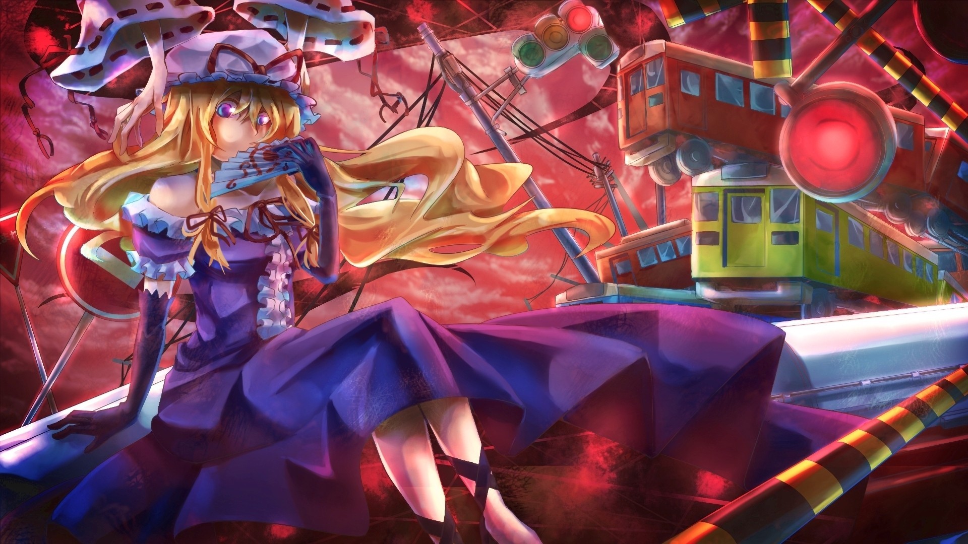 blonde hair hat long hair japanese clothes purple eyes 2girls dress train yakumo yukari