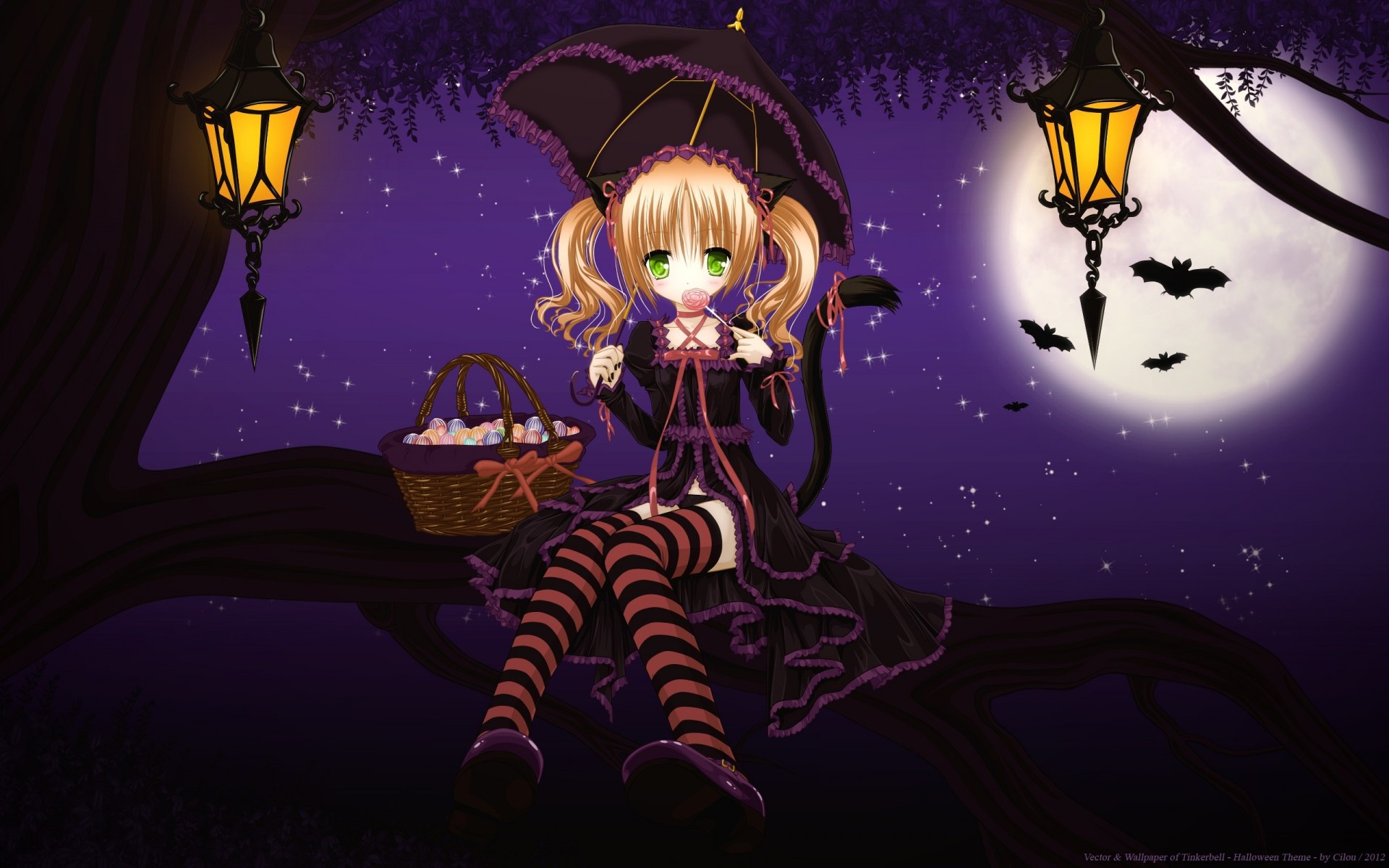 loli nuit twintails lune sous-vêtements queue oreilles d animaux thighhighs parapluie