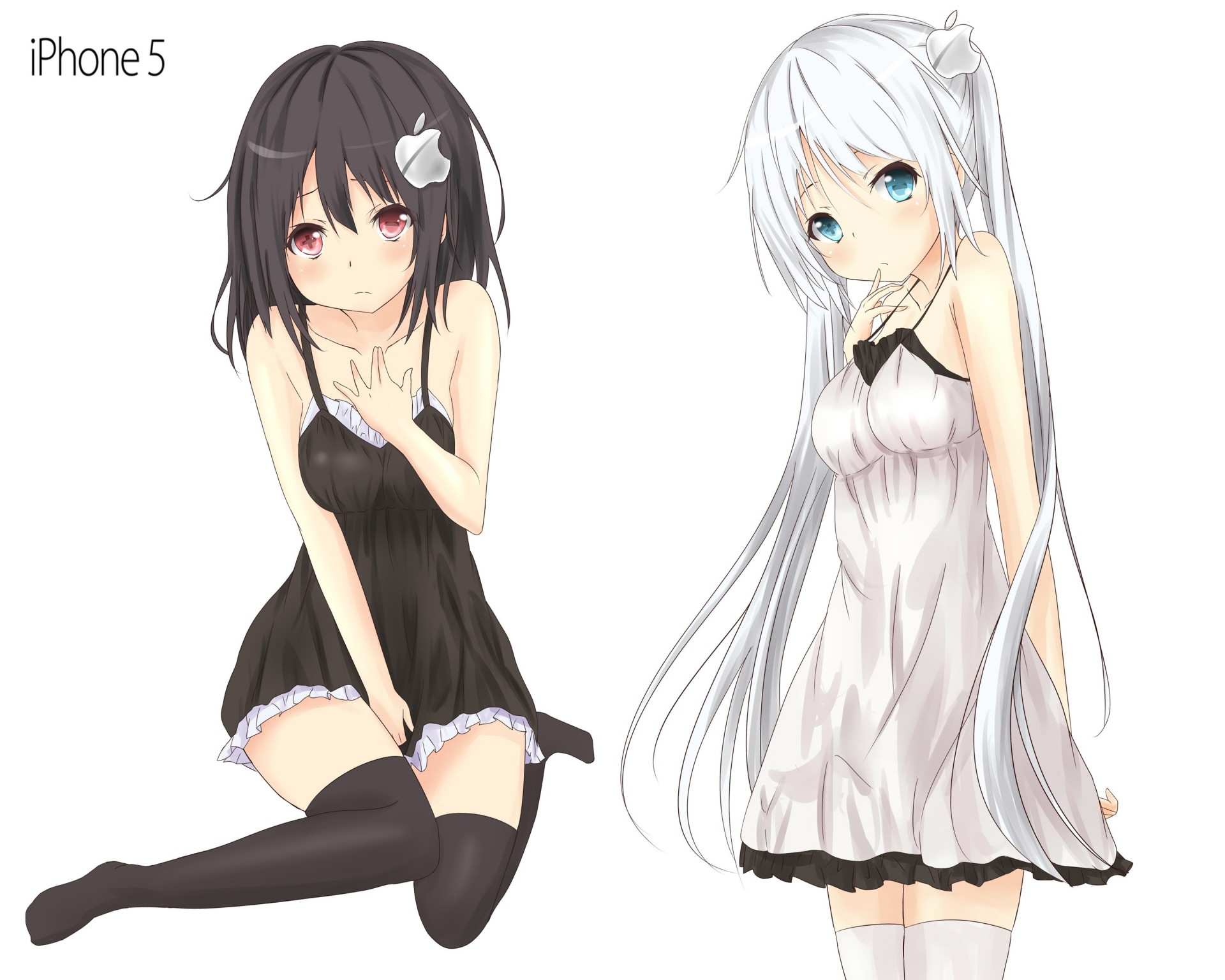 blue eyes blush black hair white red eyes white hair dress thighhigh