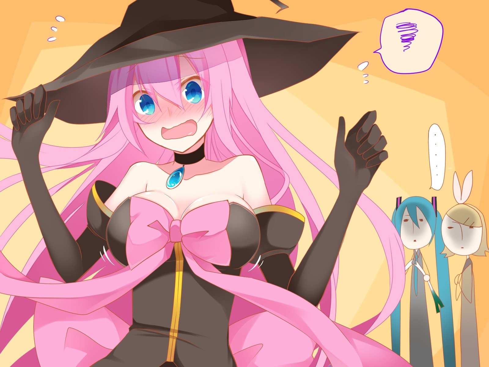 blue eyes pink hair witch kagamine rin blush witch hat hatsune miku megurine luka