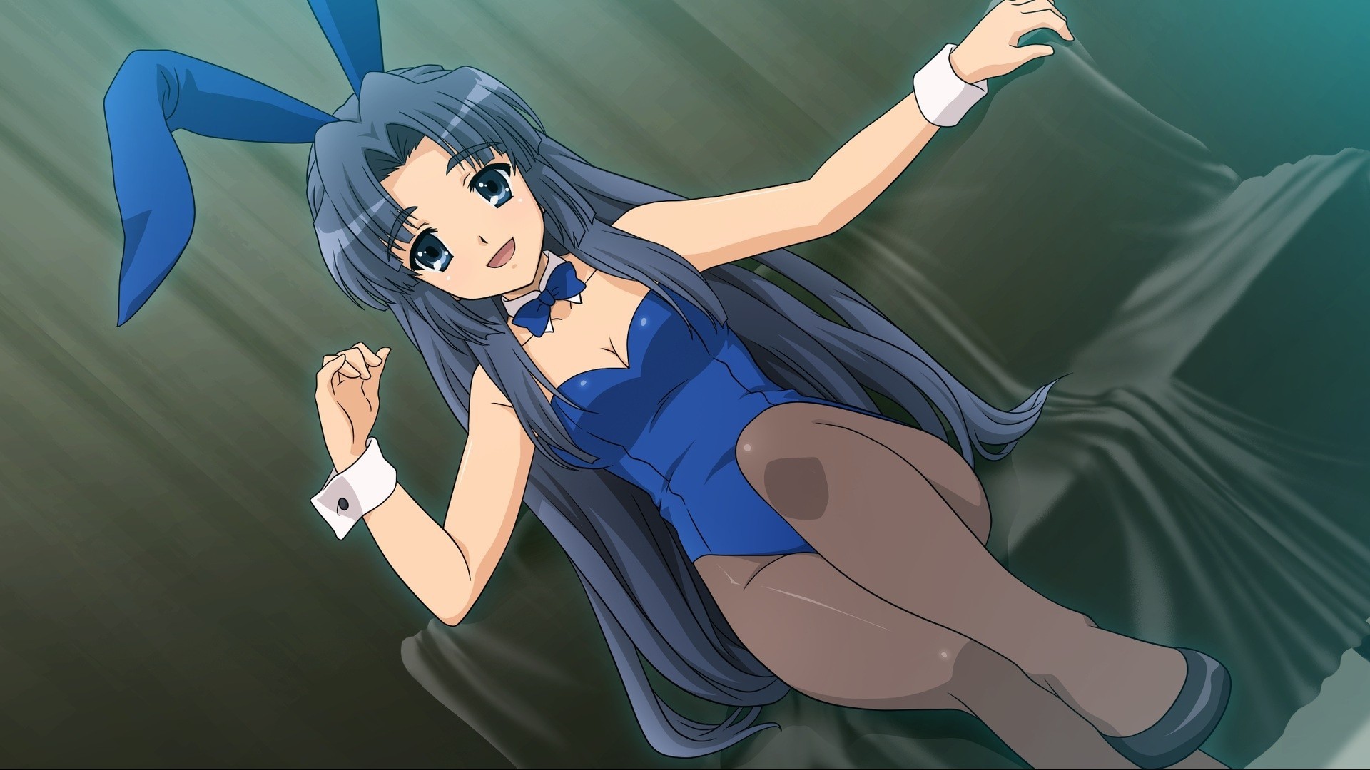 blue eyes tights long hair bunnygirl animal ears blue hair