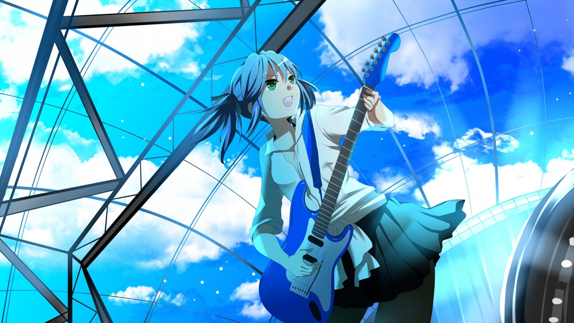 ojos verdes twintails guitarra instrumento hatsune miku pelo azul