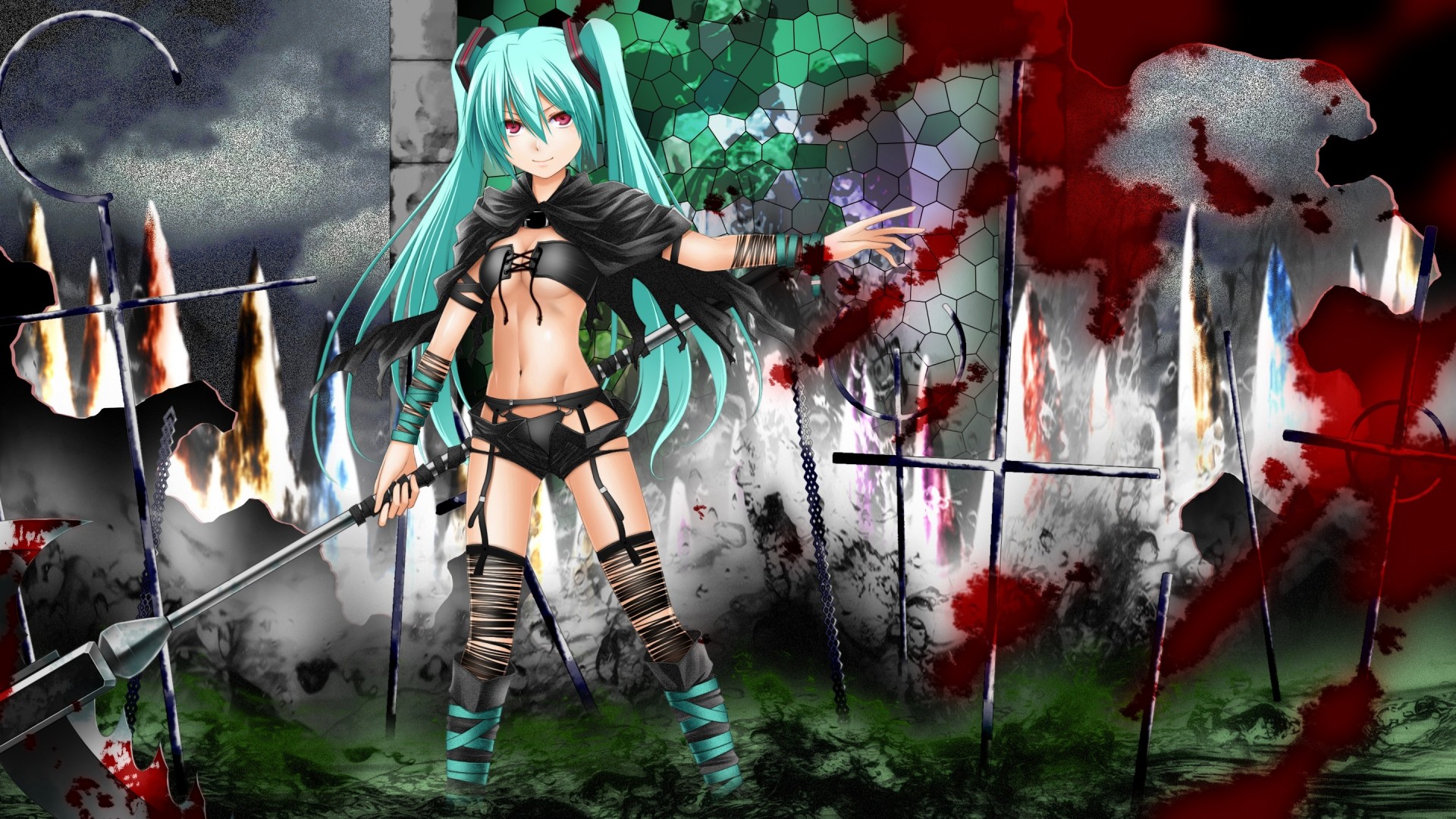 twintails hatsune miku red eyes weapon long hair spit blood navel thighhigh