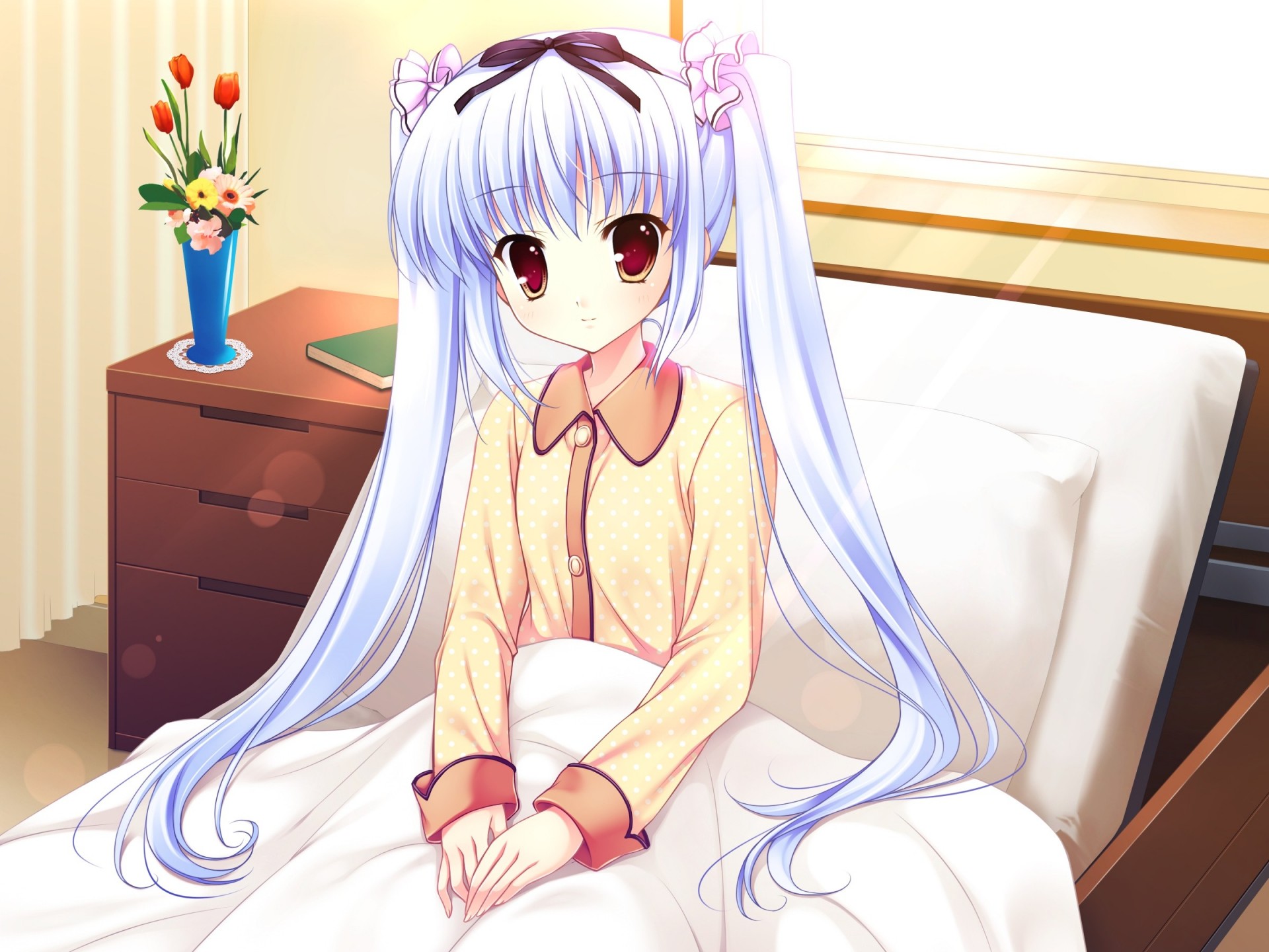 brown eyes long hair bed twintails book white hair flower sleepwear