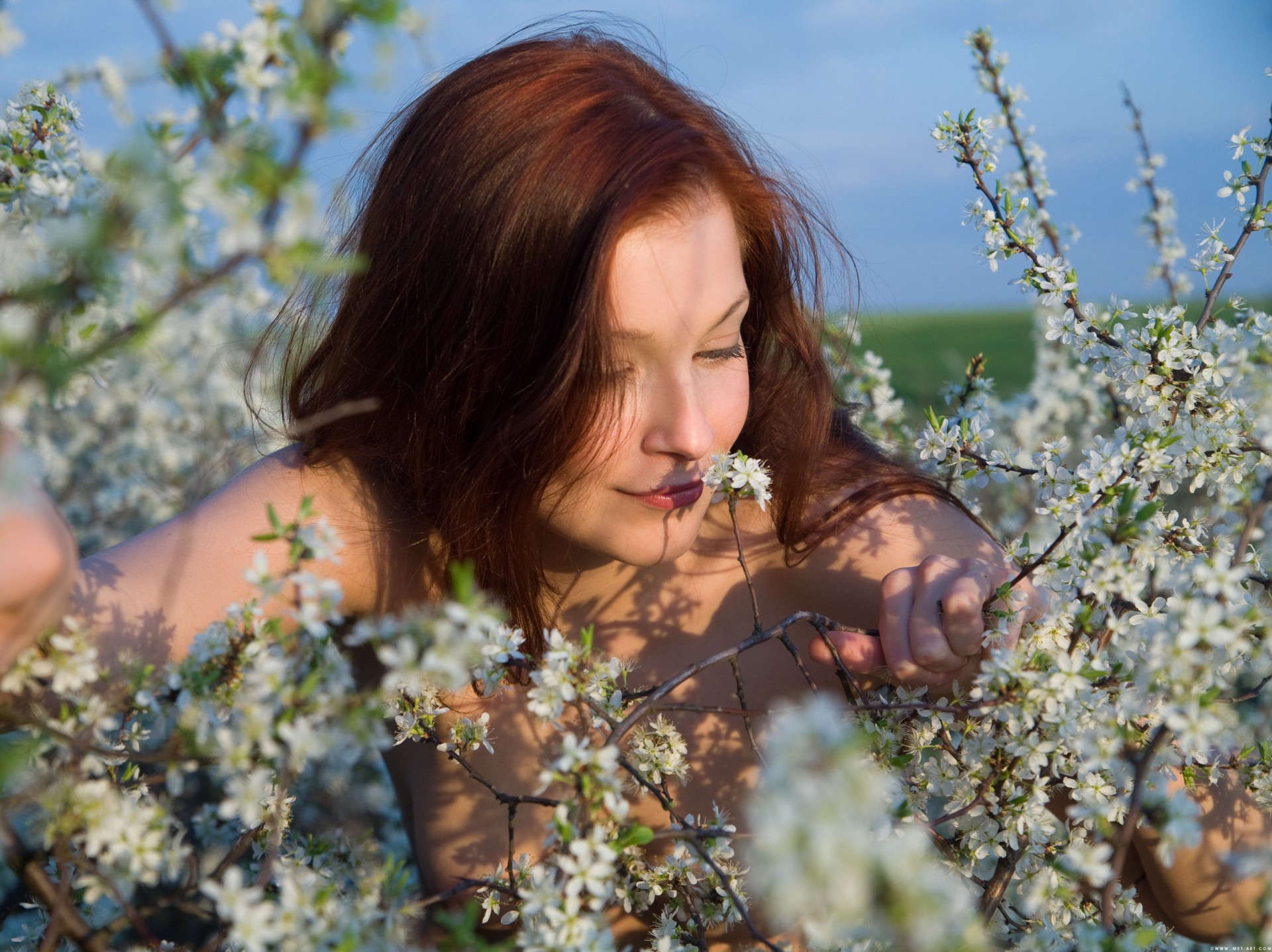 girl flower branches hair