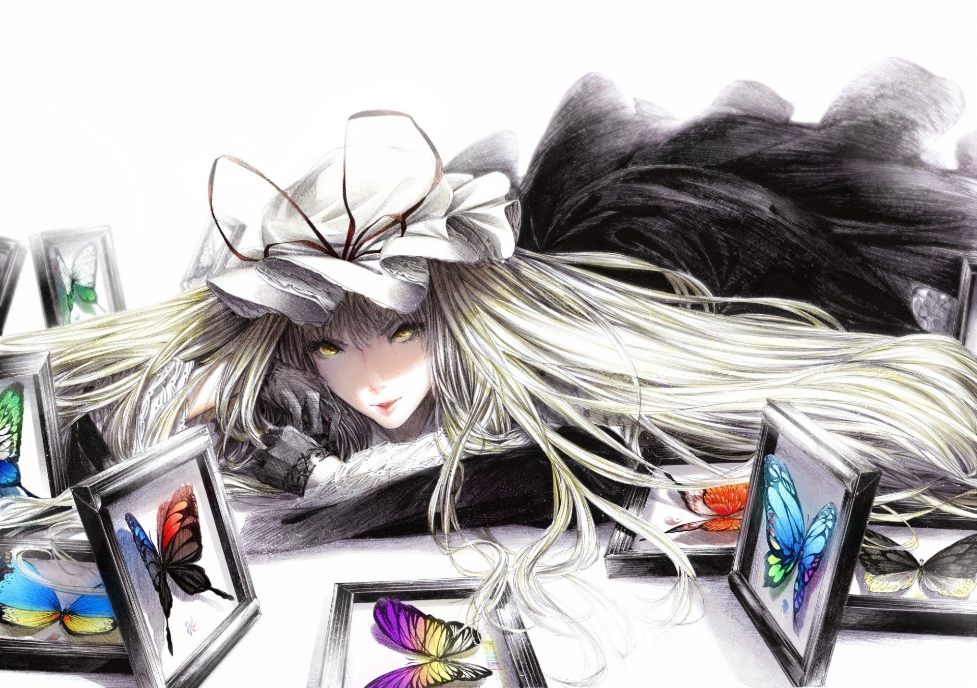 hat long hair yakumo yukari light blonde hair