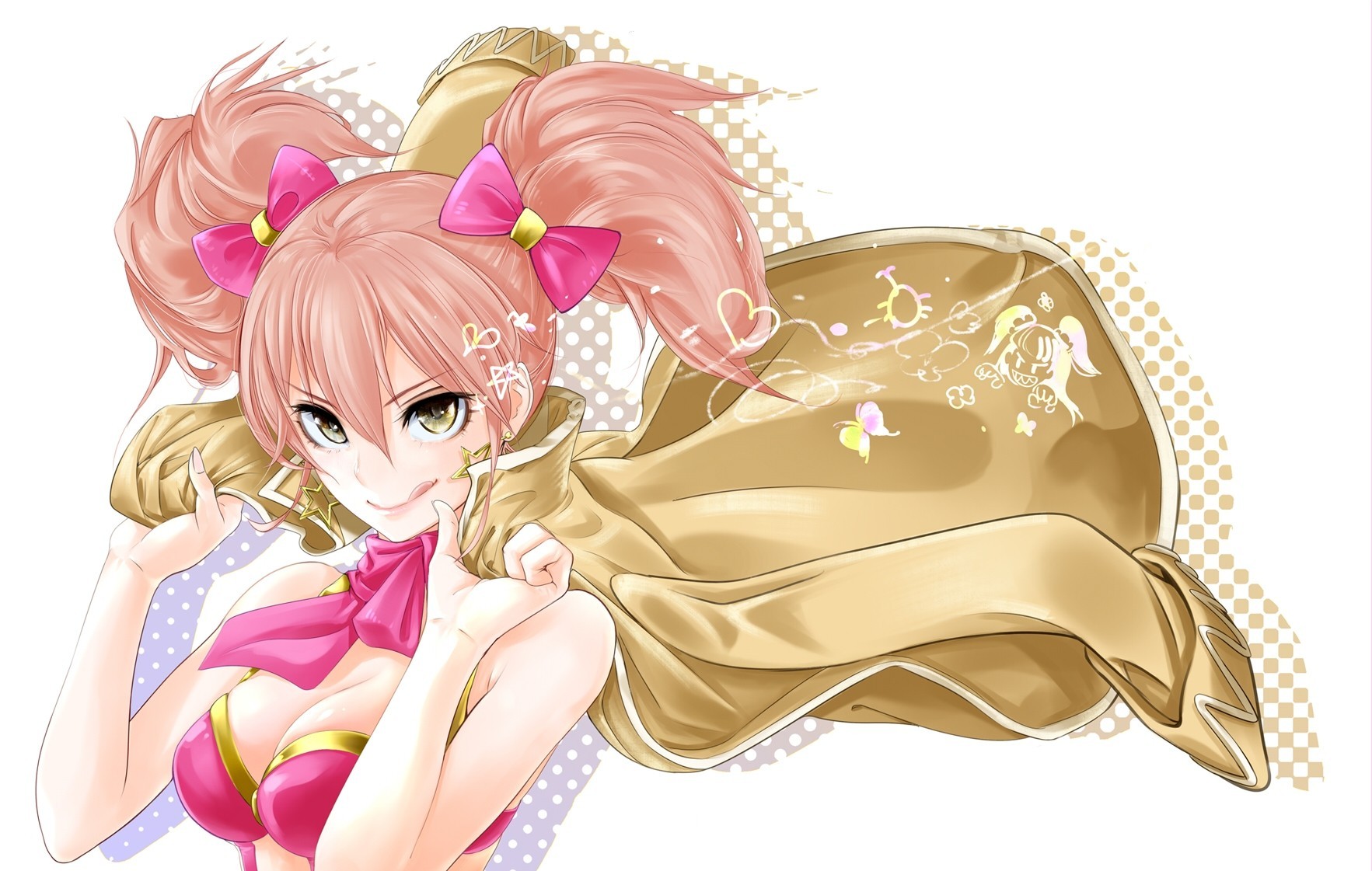 cheveux courts cheveux roses arc yeux bruns twintails blanc