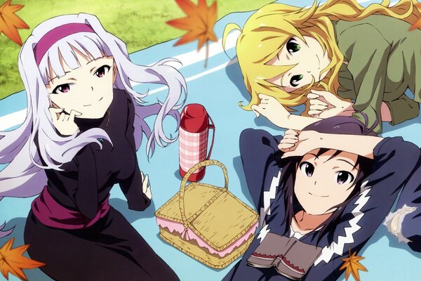 Anime, three friends on a picnic