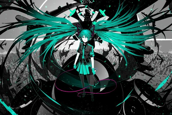 Hatsune miku aux cheveux turquoise dans l avion